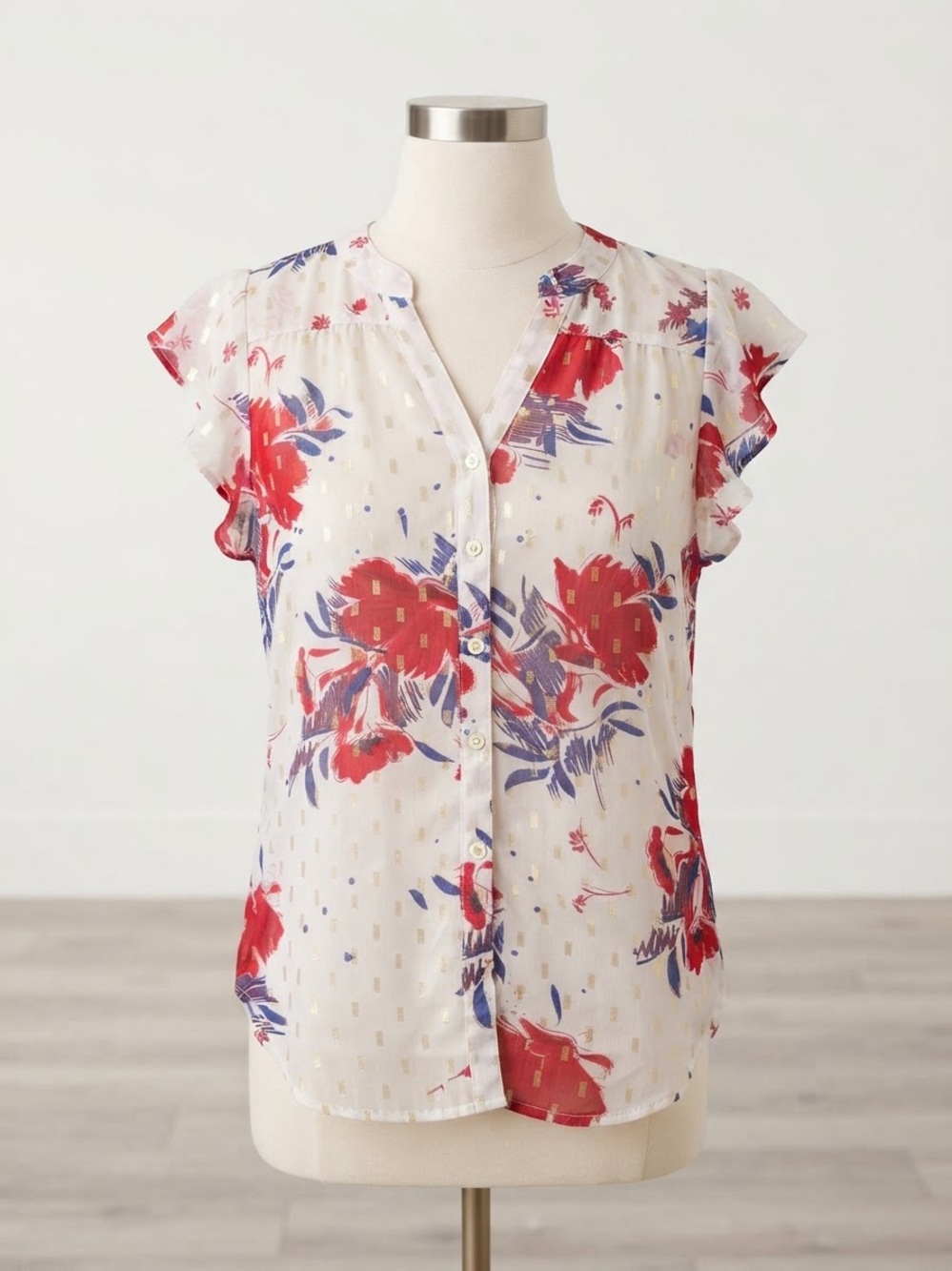 White Floral Button-Up Blouse with Red & Blue Print